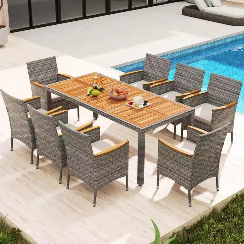 Set da Pranzo da Esterno Costway 9 Pezzi per 8 Persone, Tavolo e Sedie in Rattan PE con 2 Fori per Ombrellone Blu Marino/Bianco