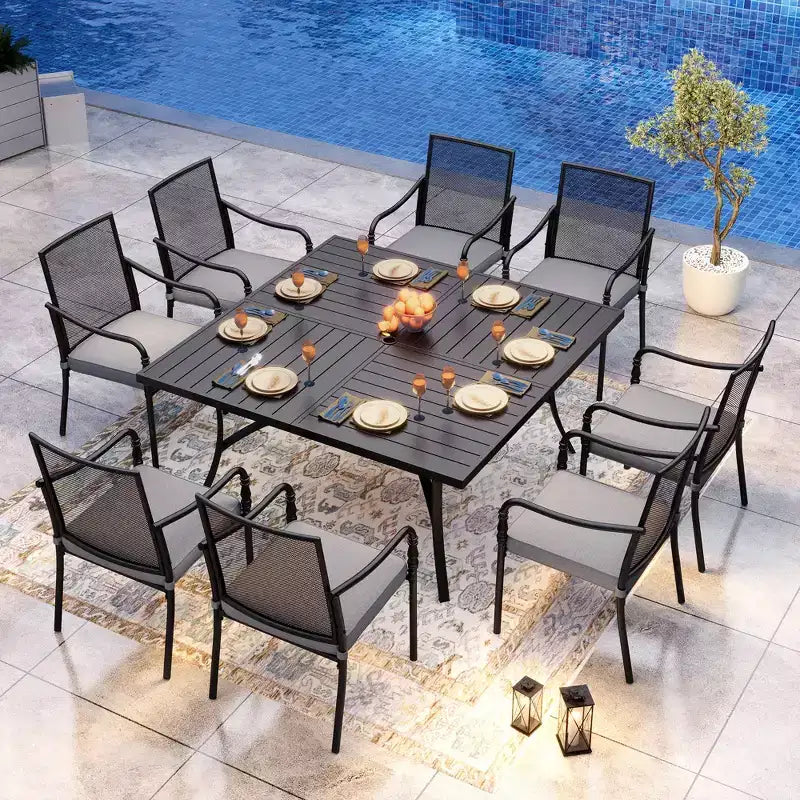 Set da pranzo da esterno Captiva Designs 9 pezzi con ampio tavolo quadrato in metallo con piano a doghe e sedie con struttura in acciaio