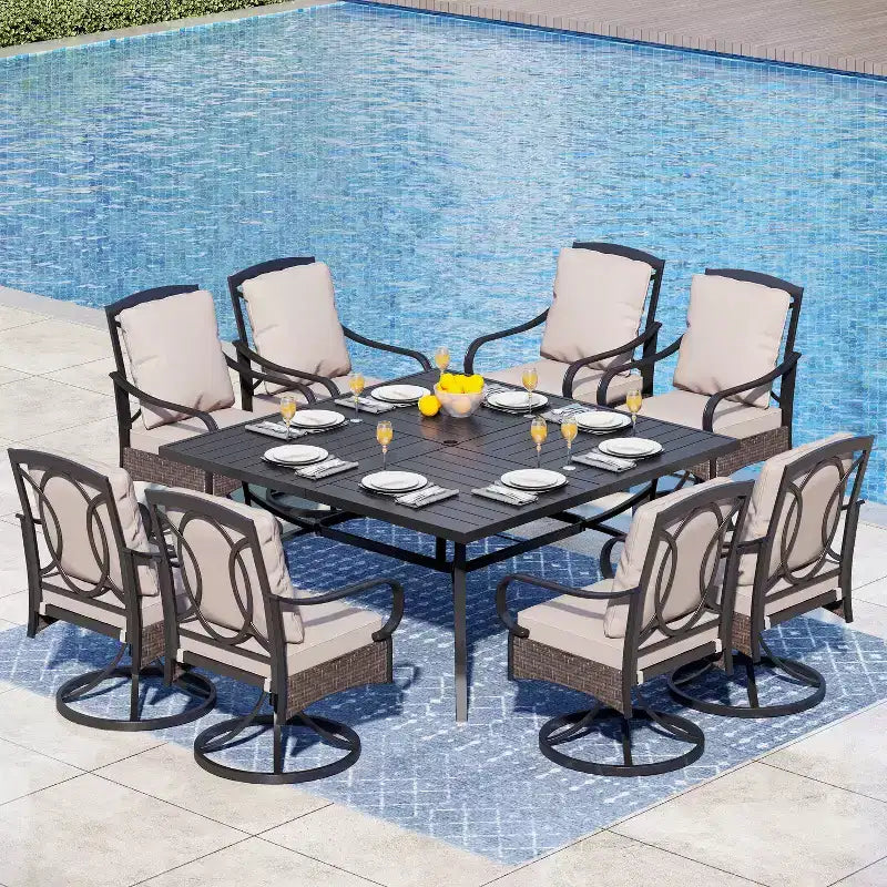 Captiva Designs Set 9 Pezzi Tavolo Quadrato Spazioso con Piano a Doghe in Metallo e Sedie in Rattan e Metallo con Cuscini Spessi