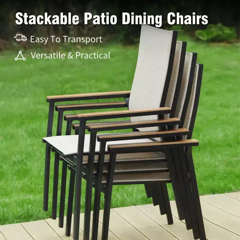 Captiva Designs Set 9 pezzi tavolo da pranzo quadrato con piano a doghe in metallo e sedie impilabili in textilene e alluminio