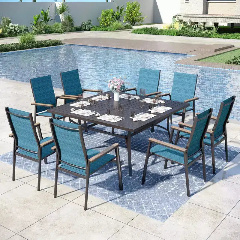 Captiva Designs Set 9 pezzi tavolo da pranzo quadrato con piano a doghe in metallo e sedie impilabili in textilene e alluminio