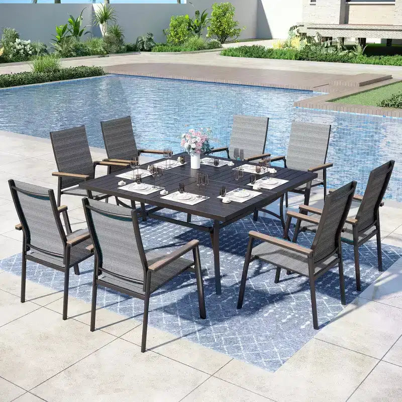 Captiva Designs Set 9 pezzi tavolo da pranzo quadrato con piano a doghe in metallo e sedie impilabili in textilene e alluminio