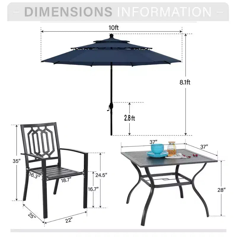 Captiva Designs Set da pranzo da 6 pezzi per esterni con tavolo quadrato in acciaio, sedie impilabili in metallo e ombrellone a mercato