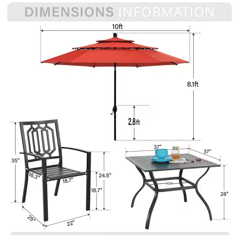 Captiva Designs Set da pranzo da 6 pezzi per esterni con tavolo quadrato in acciaio, sedie impilabili in metallo e ombrellone a mercato