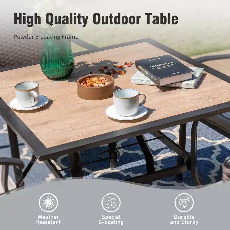 Captiva Designs Set da pranzo da 6 pezzi per esterni con tavolo quadrato in acciaio, sedie impilabili in metallo e ombrellone a mercato