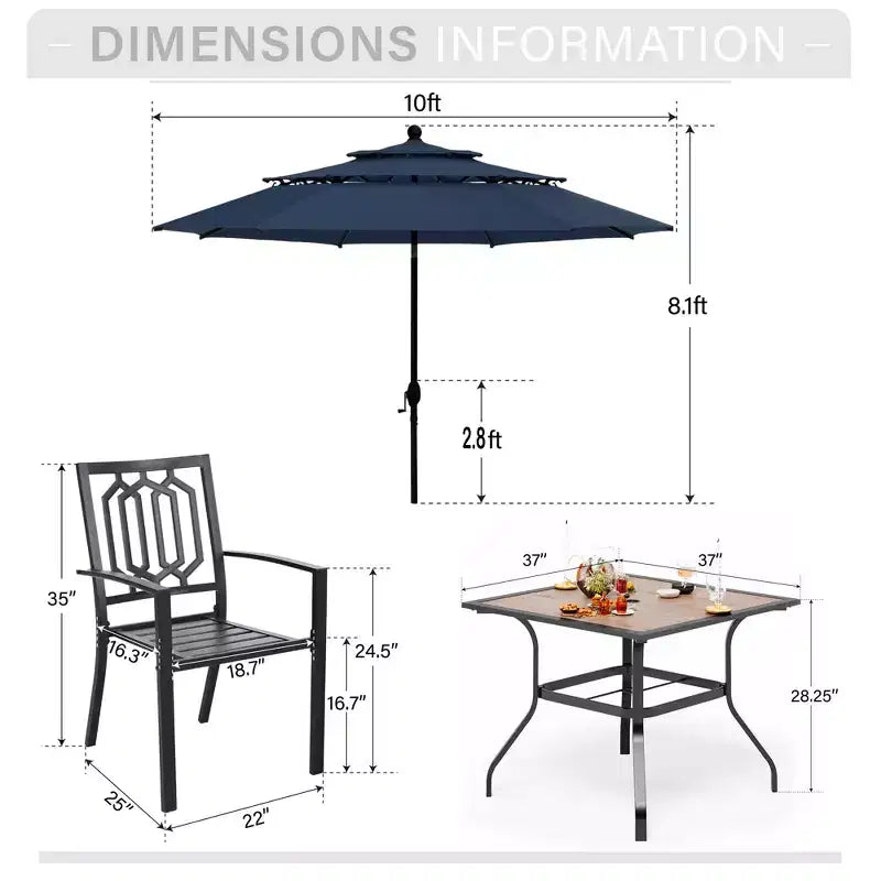 Captiva Designs Set da pranzo da 6 pezzi per esterni con tavolo quadrato in acciaio, sedie impilabili in metallo e ombrellone a mercato