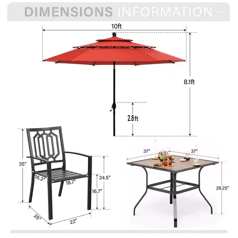 Captiva Designs Set da pranzo da 6 pezzi per esterni con tavolo quadrato in acciaio, sedie impilabili in metallo e ombrellone a mercato