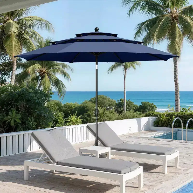 Captiva Designs Set da pranzo da 6 pezzi per esterni con tavolo quadrato in acciaio, sedie impilabili in metallo e ombrellone a mercato