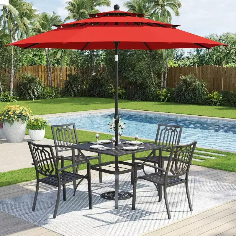 Captiva Designs Set da pranzo da 6 pezzi per esterni con tavolo quadrato in acciaio, sedie impilabili in metallo e ombrellone a mercato