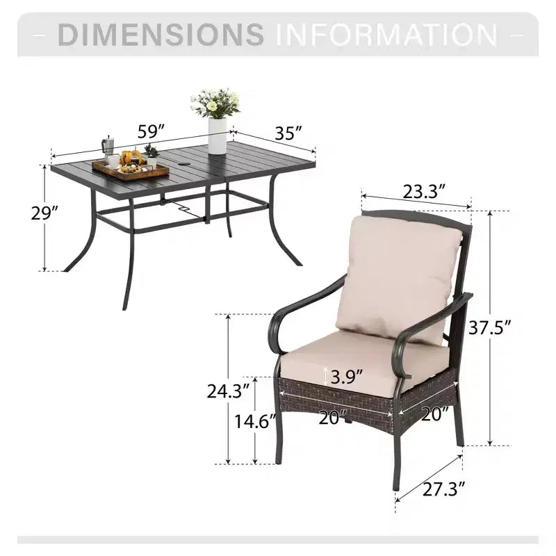 Captiva Designs Set da Pranzo da Esterno 7 Pezzi con Tavolo Rettangolare in Acciaio e Sedie con Braccioli in Rattan e Metallo