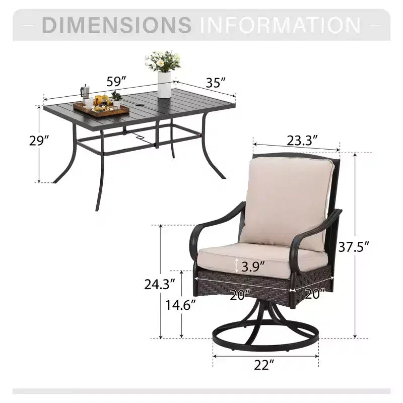 Captiva Designs Set da Pranzo da Esterno 7 Pezzi con Tavolo Rettangolare in Acciaio e Sedie con Braccioli in Rattan e Metallo