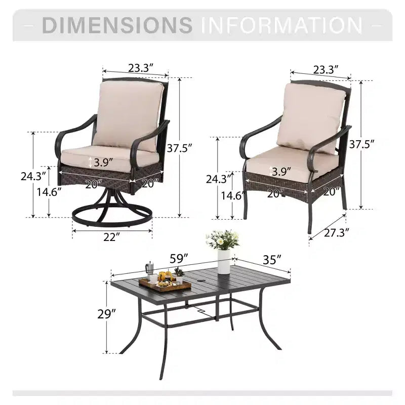 Captiva Designs Set da Pranzo da Esterno 7 Pezzi con Tavolo Rettangolare in Acciaio e Sedie con Braccioli in Rattan e Metallo