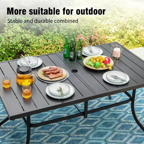 Captiva Designs Set da Pranzo da Esterno 7 Pezzi con Tavolo Rettangolare in Acciaio e Sedie con Braccioli in Rattan e Metallo