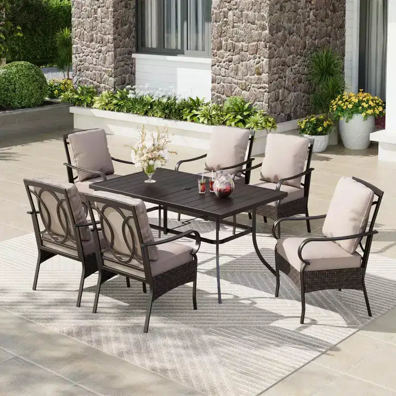 Captiva Designs Set da Pranzo da Esterno 7 Pezzi con Tavolo Rettangolare in Acciaio e Sedie con Braccioli in Rattan e Metallo