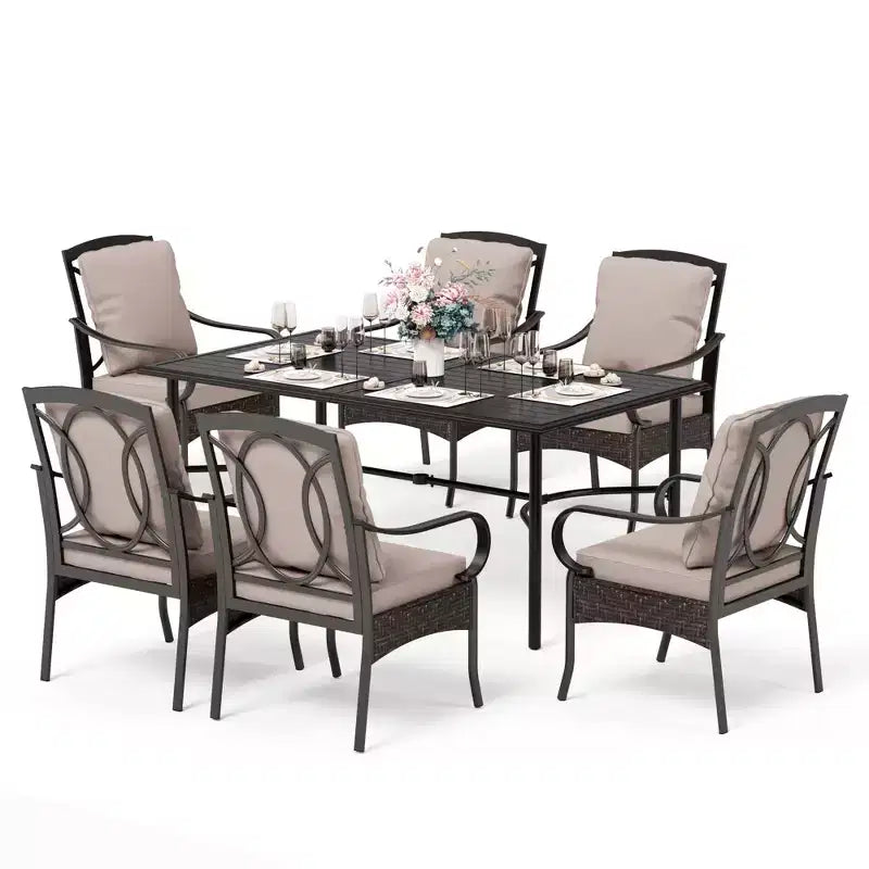 Captiva Designs Set da Pranzo da Esterno 7 Pezzi con Tavolo Rettangolare in Acciaio e Sedie con Braccioli in Rattan e Metallo