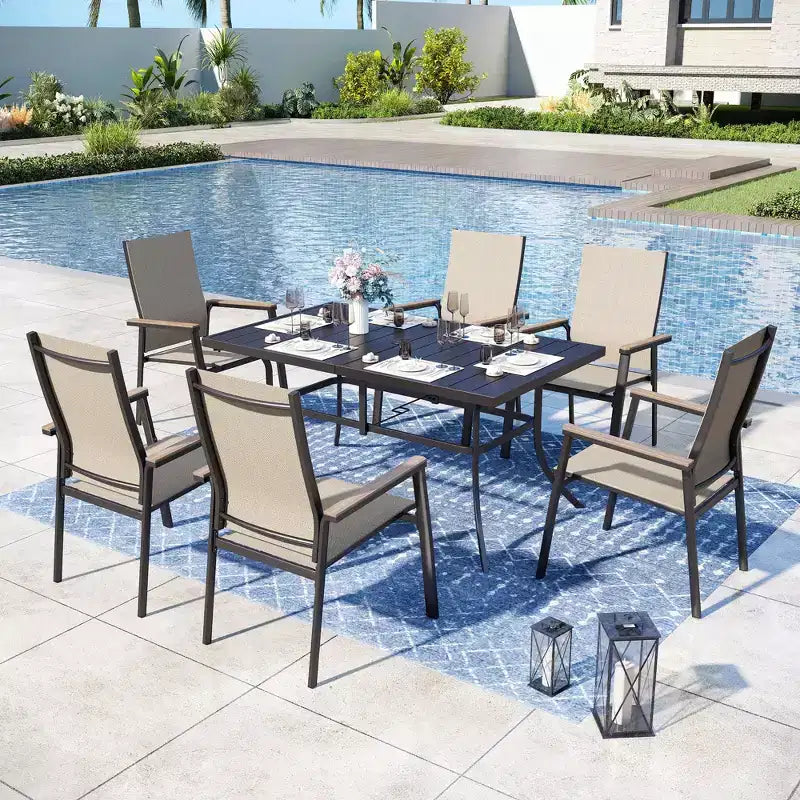 Captiva Designs Set da pranzo da esterno 7 pezzi con tavolo rettangolare in acciaio e sedie in textilene con struttura in alluminio