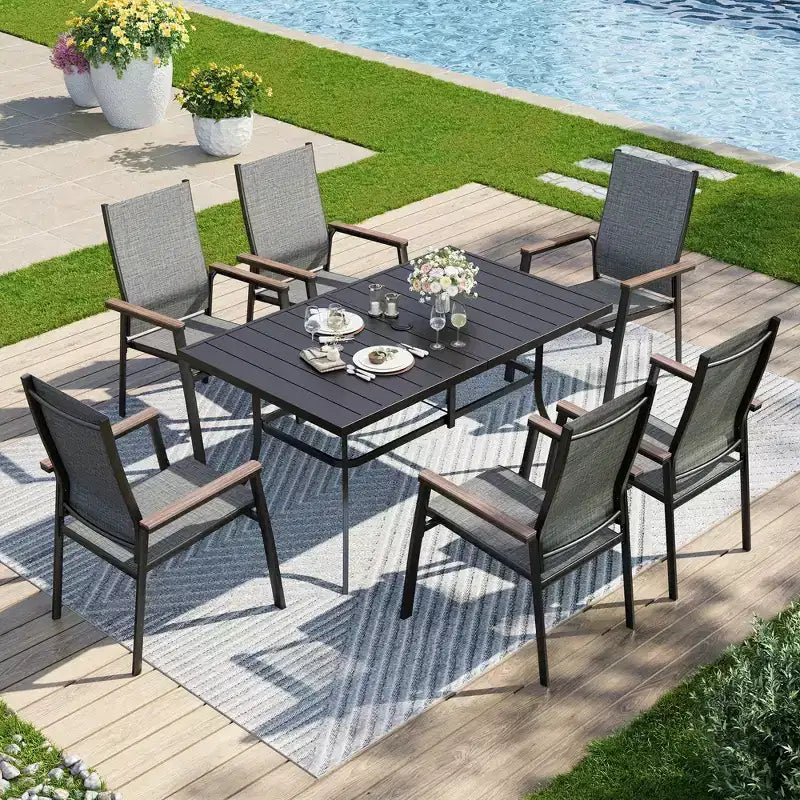 Captiva Designs Set da pranzo da esterno 7 pezzi con tavolo rettangolare in acciaio e sedie in textilene con struttura in alluminio