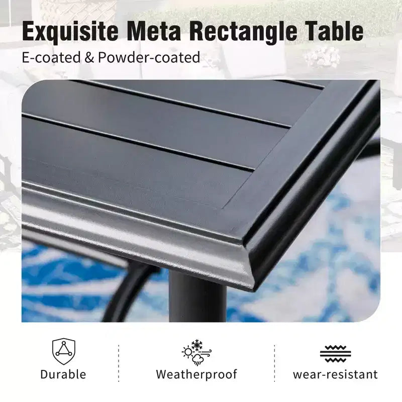 Captiva Designs Tavolo da pranzo rettangolare da esterno a 7 pezzi in acciaio con staffa trasversale a C e sedie fisse a imbracatura