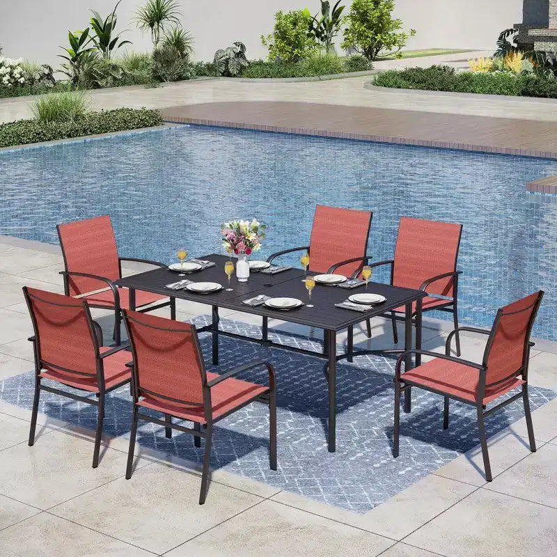 Captiva Designs Tavolo da pranzo rettangolare da esterno a 7 pezzi in acciaio con staffa trasversale a C e sedie fisse a imbracatura