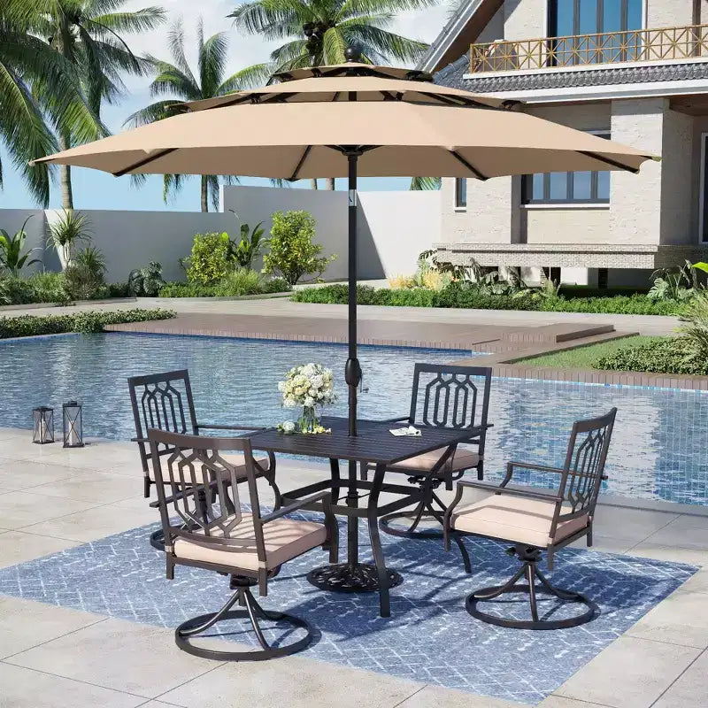 Set Captiva Designs da 6 pezzi con tavolo quadrato da giardino, sedie in metallo con schienale a fuso e ombrellone beige