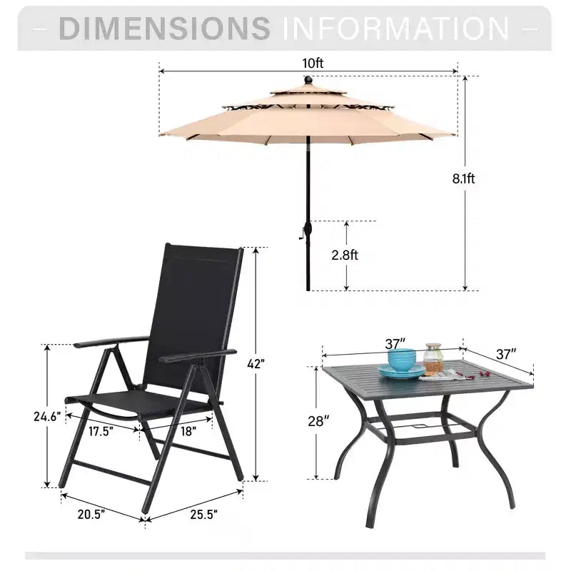Captiva Designs Set 6 Pezzi Tavolo Quadrato con Piano a Doghe e Sedie Reclinabili Pieghevoli in Textilene & Ombrellone da Giardino