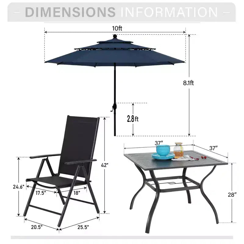 Captiva Designs Set 6 Pezzi Tavolo Quadrato con Piano a Doghe e Sedie Reclinabili Pieghevoli in Textilene & Ombrellone da Giardino