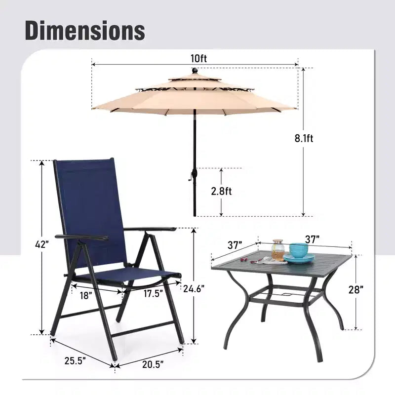 Captiva Designs Set 6 Pezzi Tavolo Quadrato con Piano a Doghe e Sedie Reclinabili Pieghevoli in Textilene & Ombrellone da Giardino