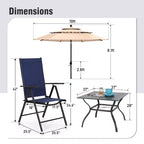 Captiva Designs Set 6 Pezzi Tavolo Quadrato con Piano a Doghe e Sedie Reclinabili Pieghevoli in Textilene & Ombrellone da Giardino
