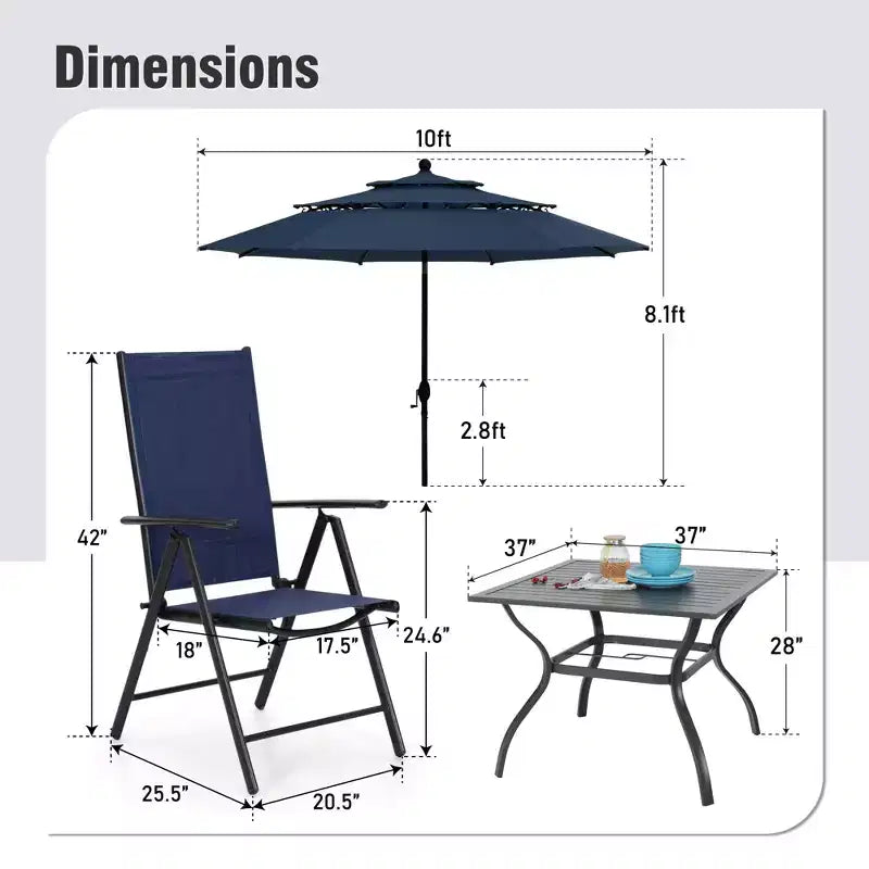 Captiva Designs Set 6 Pezzi Tavolo Quadrato con Piano a Doghe e Sedie Reclinabili Pieghevoli in Textilene & Ombrellone da Giardino