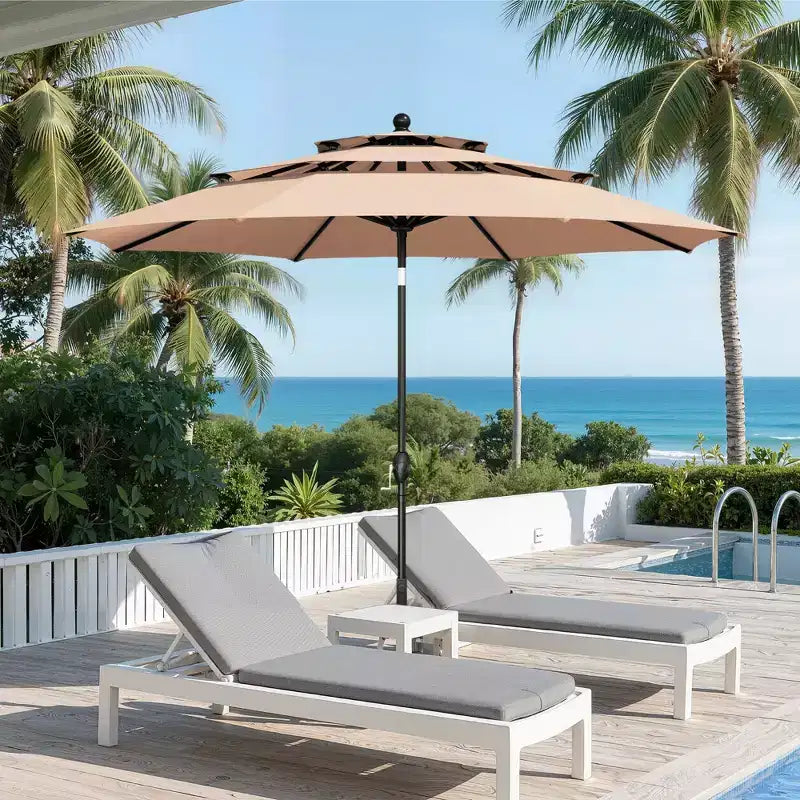 Captiva Designs Set 6 Pezzi Tavolo Quadrato con Piano a Doghe e Sedie Reclinabili Pieghevoli in Textilene & Ombrellone da Giardino