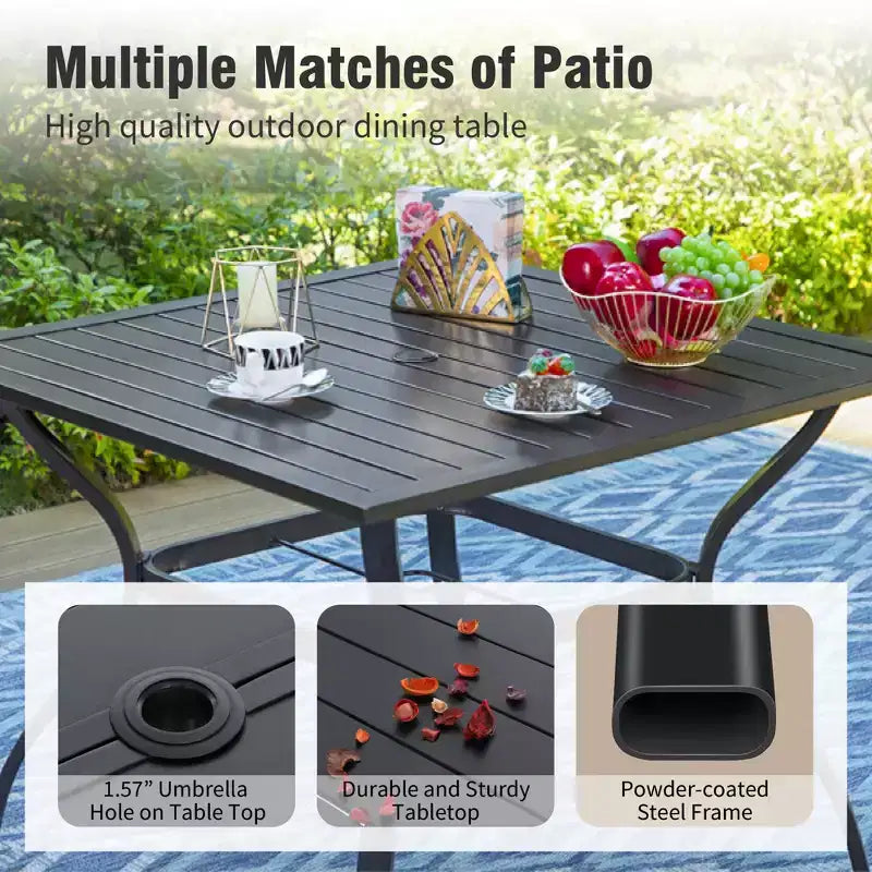 Captiva Designs Set 6 Pezzi Tavolo Quadrato con Piano a Doghe e Sedie Reclinabili Pieghevoli in Textilene & Ombrellone da Giardino