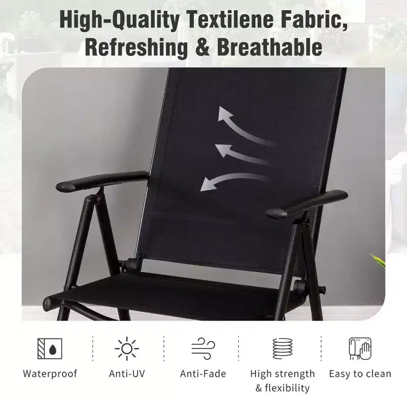 Captiva Designs Set 6 Pezzi Tavolo Quadrato con Piano a Doghe e Sedie Reclinabili Pieghevoli in Textilene & Ombrellone da Giardino