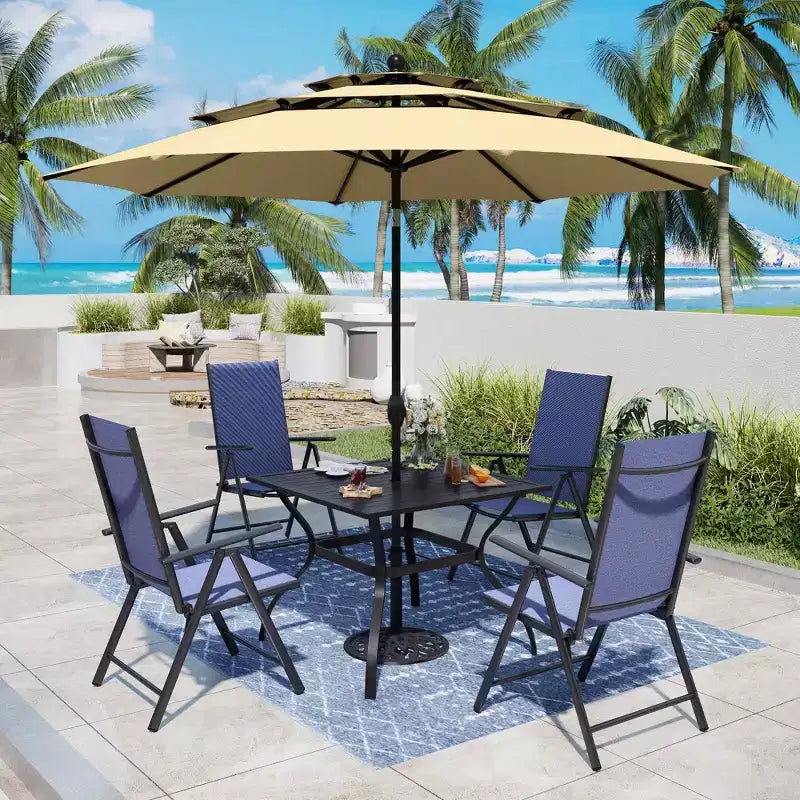Captiva Designs Set 6 Pezzi Tavolo Quadrato con Piano a Doghe e Sedie Reclinabili Pieghevoli in Textilene & Ombrellone da Giardino