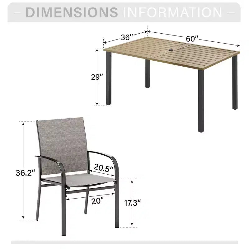 Captiva Designs - Set da pranzo da 7 pezzi per esterni, con tavolo in acciaio effetto legno e sedie fisse in textilene