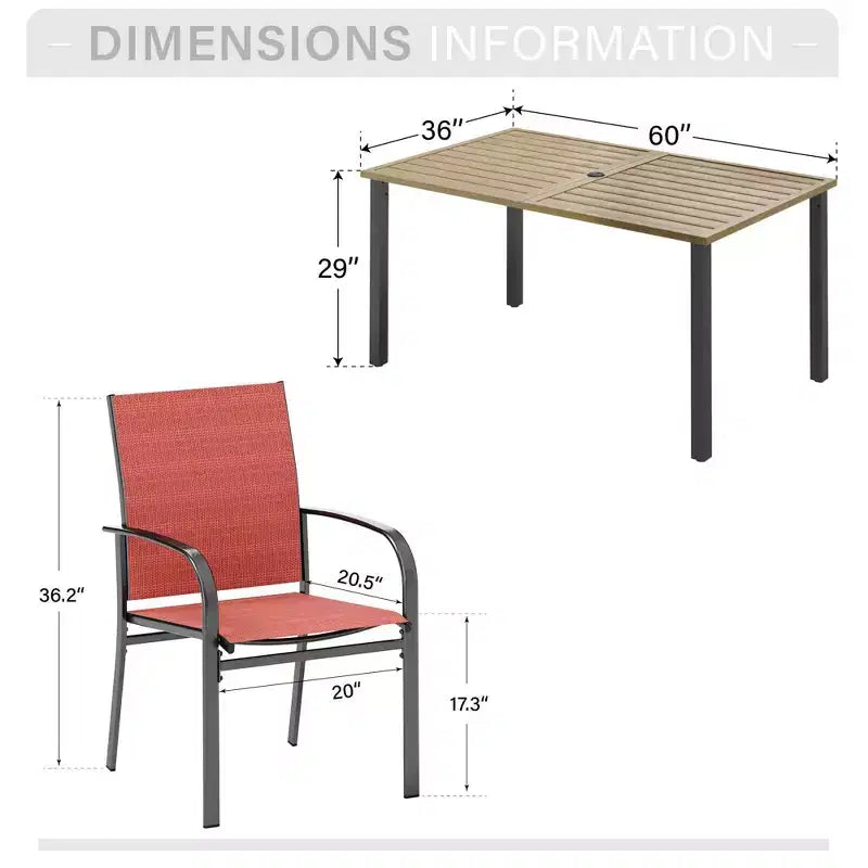 Captiva Designs - Set da pranzo da 7 pezzi per esterni, con tavolo in acciaio effetto legno e sedie fisse in textilene