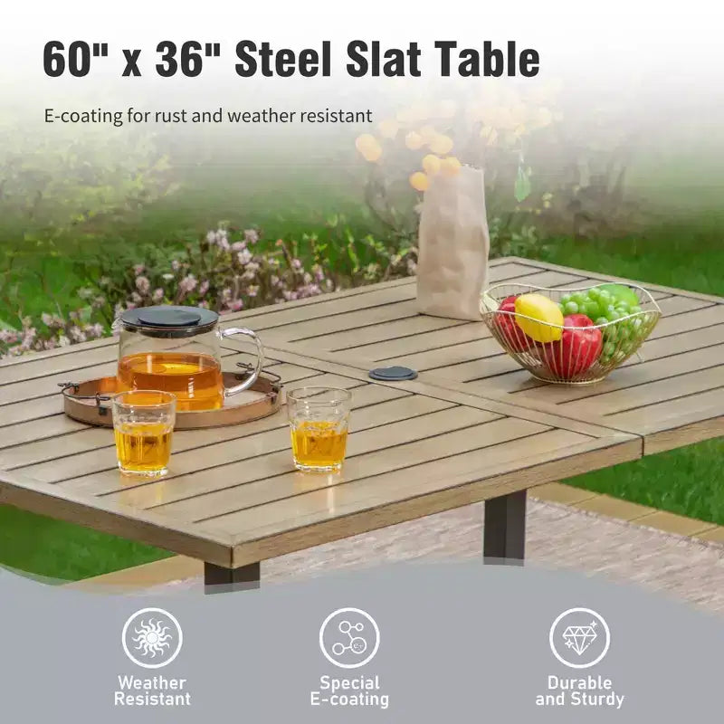 Captiva Designs - Set da pranzo da 7 pezzi per esterni, con tavolo in acciaio effetto legno e sedie fisse in textilene