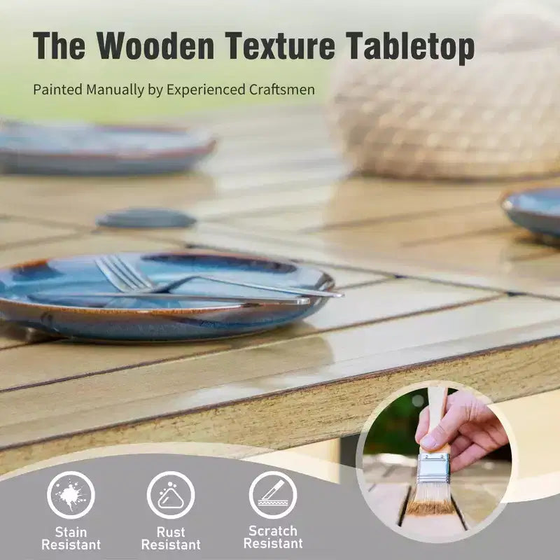 Captiva Designs - Set da pranzo da 7 pezzi per esterni, con tavolo in acciaio effetto legno e sedie fisse in textilene