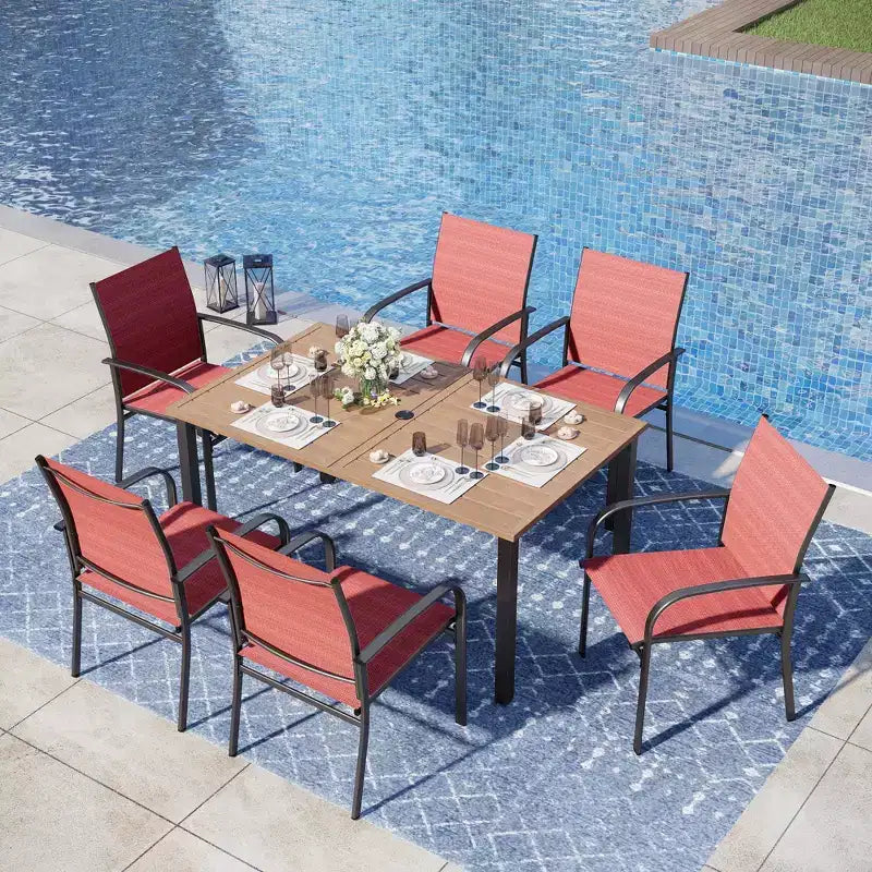 Captiva Designs - Set da pranzo da 7 pezzi per esterni, con tavolo in acciaio effetto legno e sedie fisse in textilene