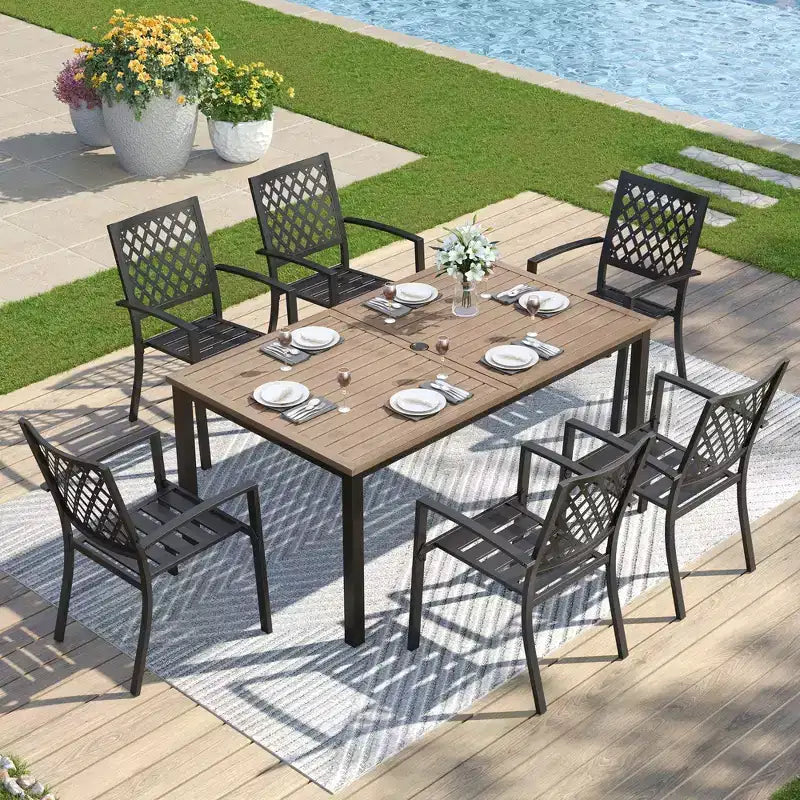 Captiva Designs Set da pranzo da 7 pezzi per patio con tavolo rettangolare in acciaio con finitura Driftwood e sedie con braccioli in metallo
