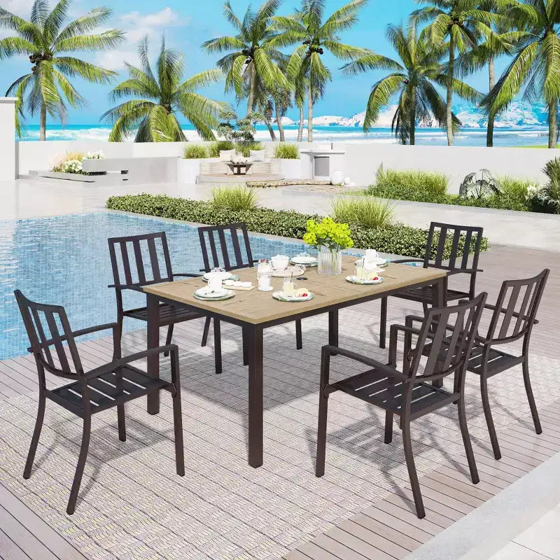 Captiva Designs Set da pranzo da 7 pezzi per patio con tavolo rettangolare in acciaio con finitura Driftwood e sedie con braccioli in metallo