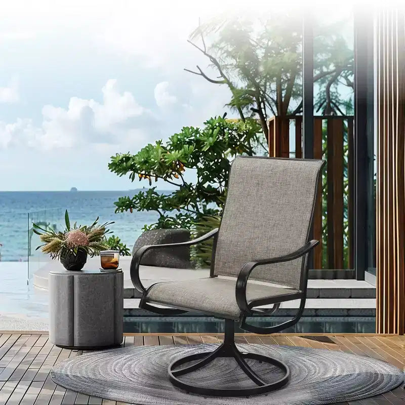 Captiva Designs - Tavolo da pranzo rettangolare per esterni in metallo a 7 pezzi e sedie girevoli in Textilene grigio-marrone