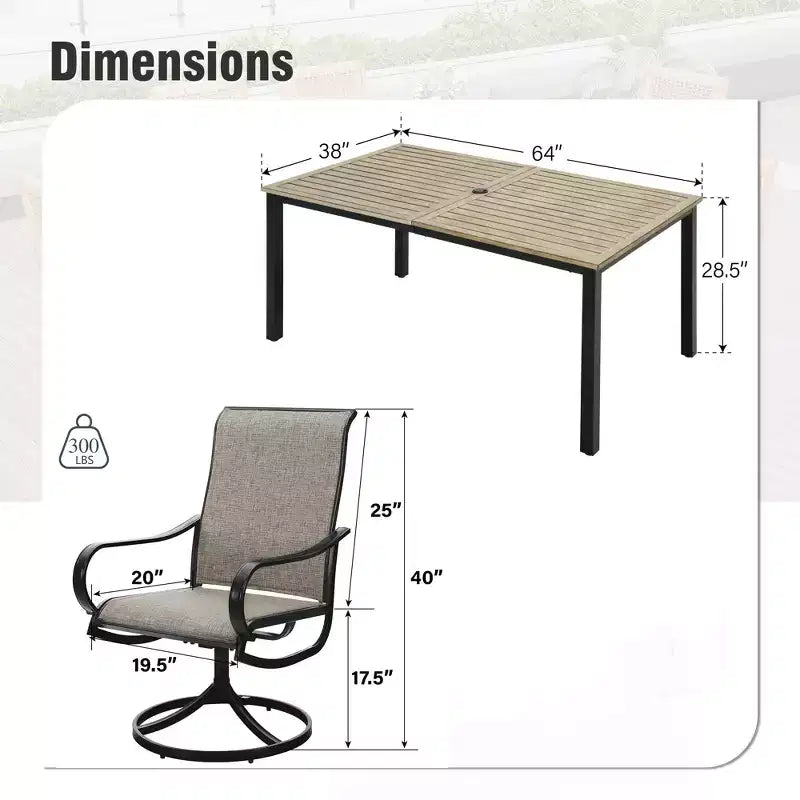Captiva Designs - Tavolo da pranzo rettangolare per esterni in metallo a 7 pezzi e sedie girevoli in Textilene grigio-marrone