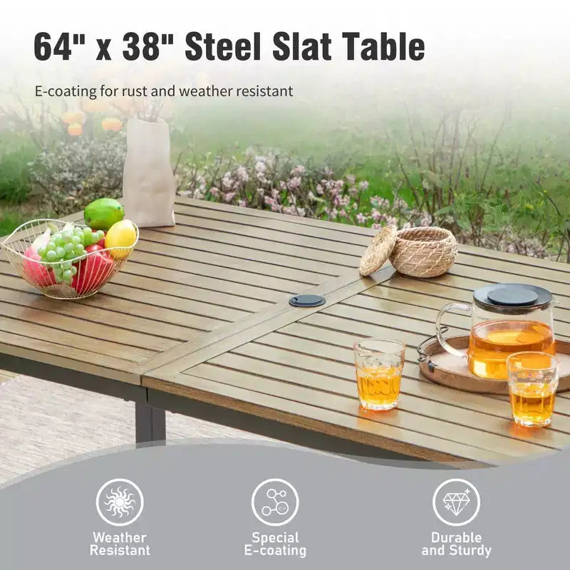 Captiva Designs - Tavolo da pranzo rettangolare per esterni in metallo a 7 pezzi e sedie girevoli in Textilene grigio-marrone