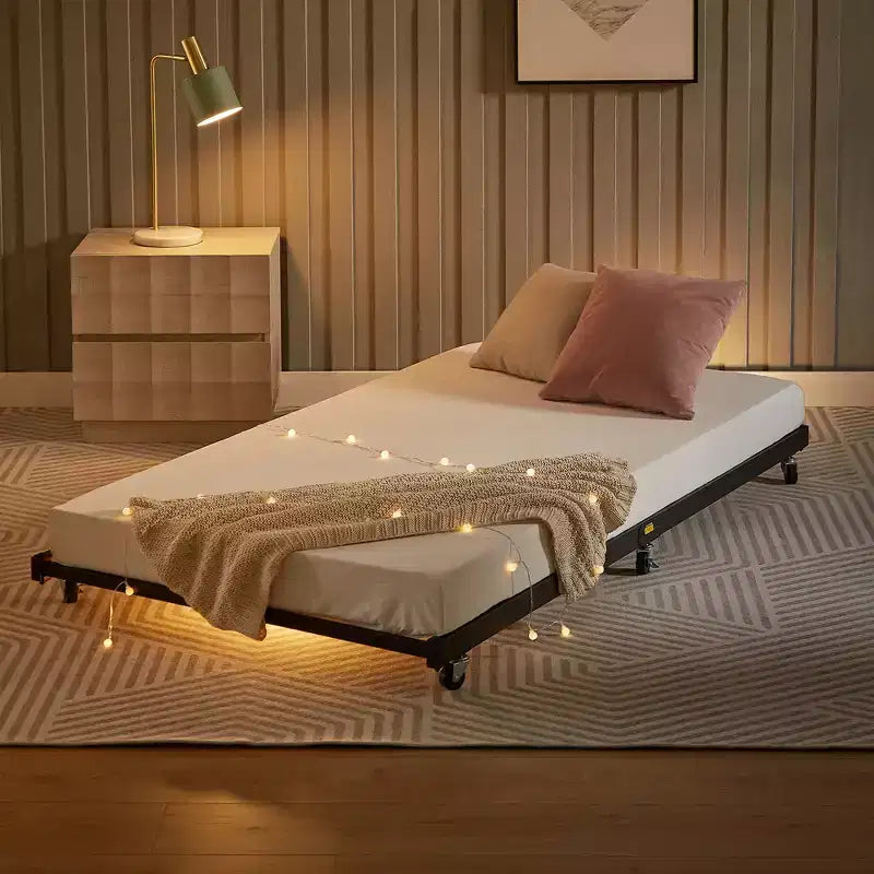 VECELO Struttura per Letto Estraibile Singolo/Rotelle/Supporto a Doghe in Metallo Migliorato e Rinforzato con Rotelle Bloccabili, Nero/Bianco