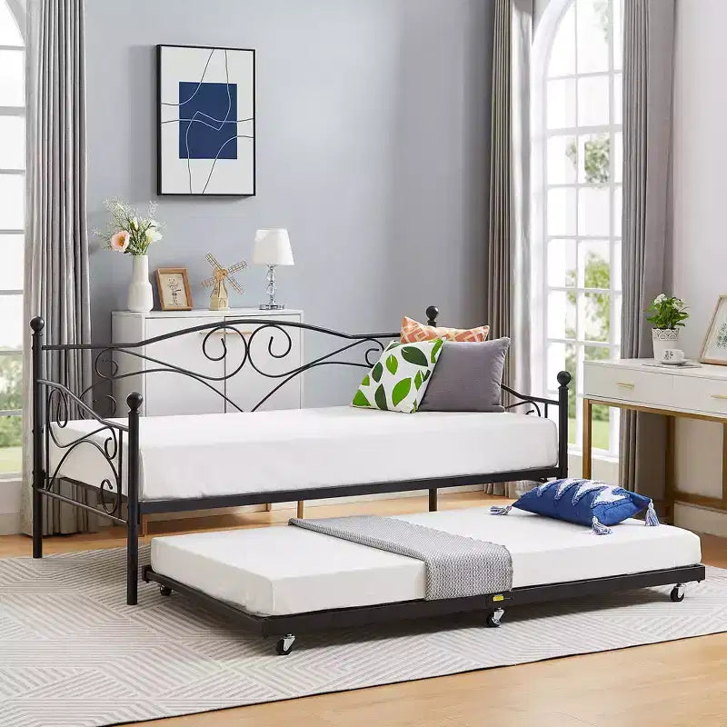 VECELO Struttura per Letto Estraibile Singolo/Rotelle/Supporto a Doghe in Metallo Migliorato e Rinforzato con Rotelle Bloccabili, Nero/Bianco