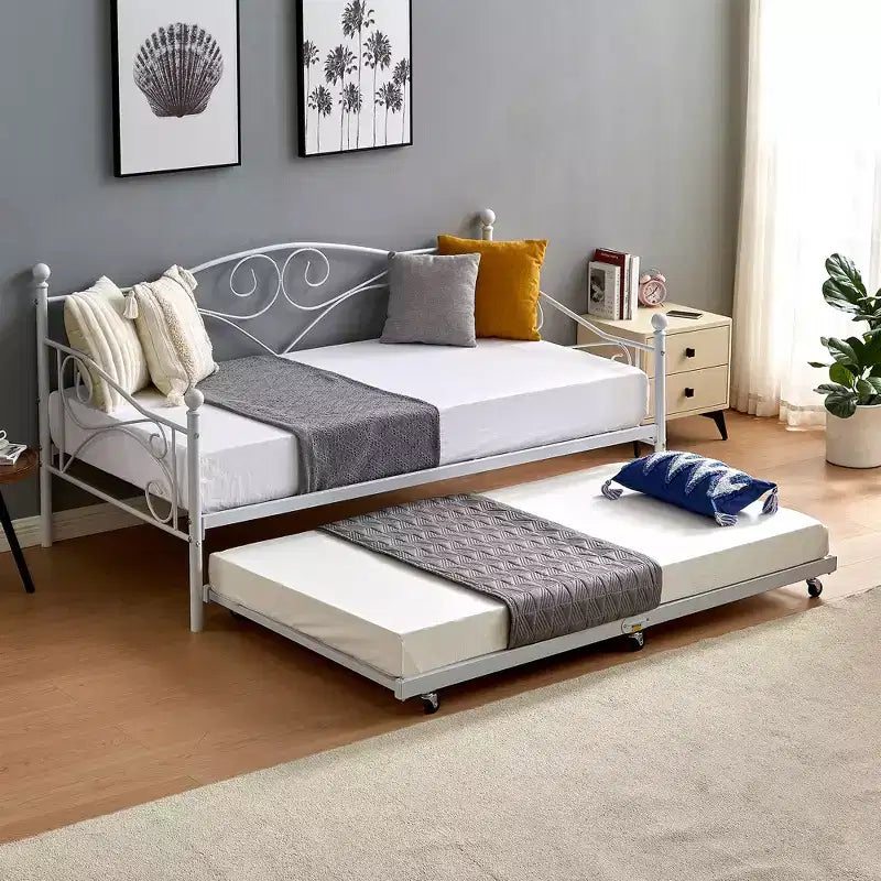 VECELO Struttura per Letto Estraibile Singolo/Rotelle/Supporto a Doghe in Metallo Migliorato e Rinforzato con Rotelle Bloccabili, Nero/Bianco