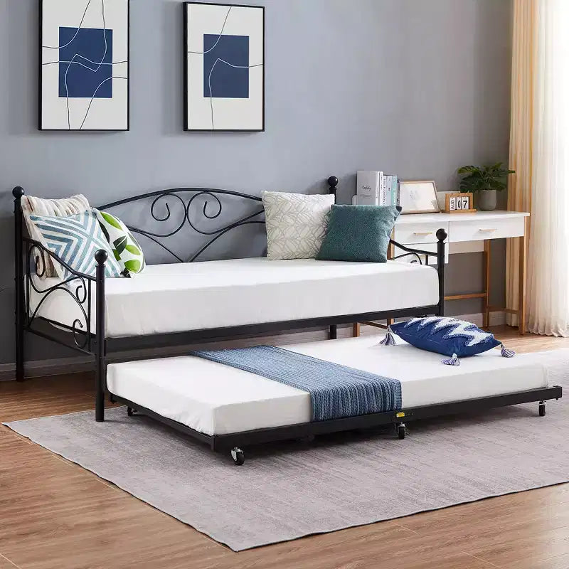 VECELO Struttura per Letto Estraibile Singolo/Rotelle/Supporto a Doghe in Metallo Migliorato e Rinforzato con Rotelle Bloccabili, Nero/Bianco