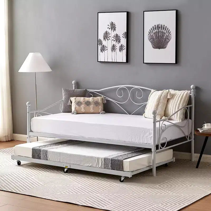 VECELO Struttura per Letto Estraibile Singolo/Rotelle/Supporto a Doghe in Metallo Migliorato e Rinforzato con Rotelle Bloccabili, Nero/Bianco