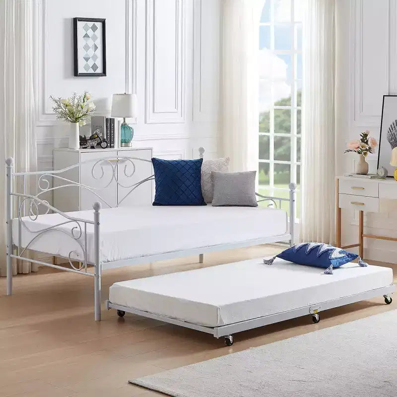 VECELO Struttura per Letto Estraibile Singolo/Rotelle/Supporto a Doghe in Metallo Migliorato e Rinforzato con Rotelle Bloccabili, Nero/Bianco