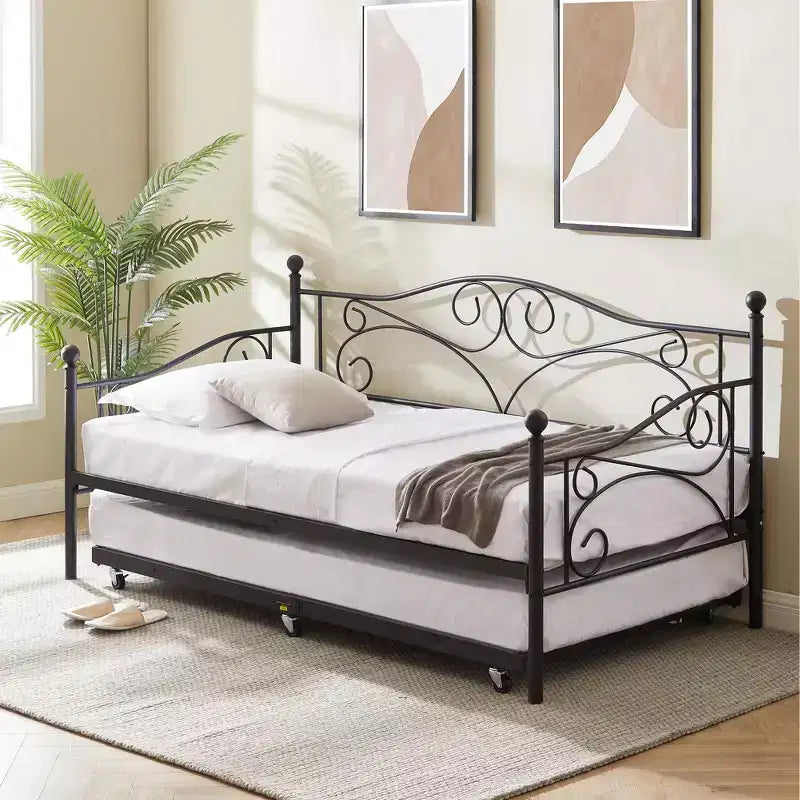 VECELO Struttura per Letto Estraibile Singolo/Rotelle/Supporto a Doghe in Metallo Migliorato e Rinforzato con Rotelle Bloccabili, Nero/Bianco